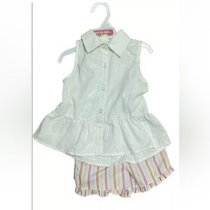 Two Piece Girls Toddler Set White Button Blouse And Stripe Shorts